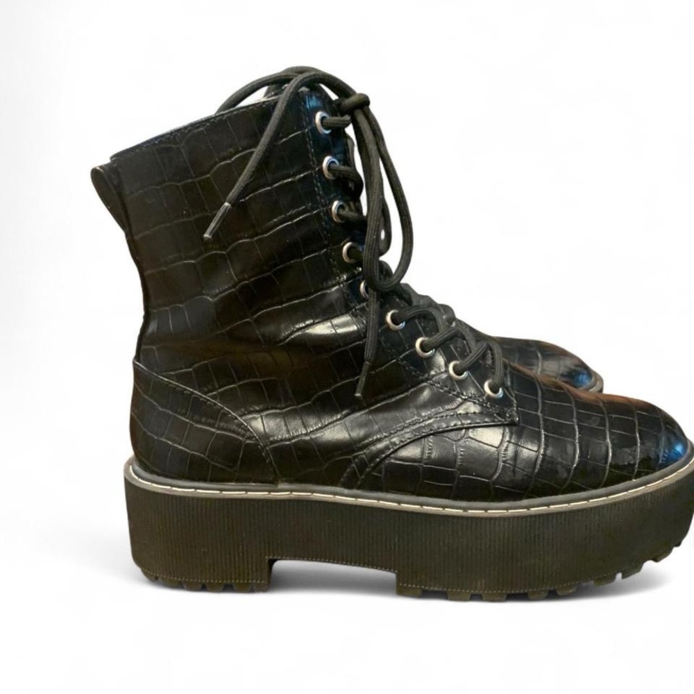 Black Croc-Embossed Platform Lace-Up Boots - Women